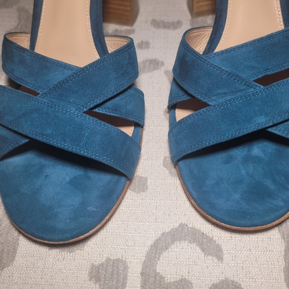 Gianvito Rossi Suede Crisscross Block Heel  Blue Teal Open Toe NEW - Picture 5 of 10
